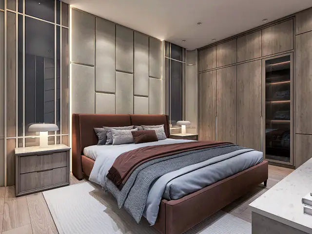 Kamar tidur modern dengan headboard panel dan lemari pakaian kayu