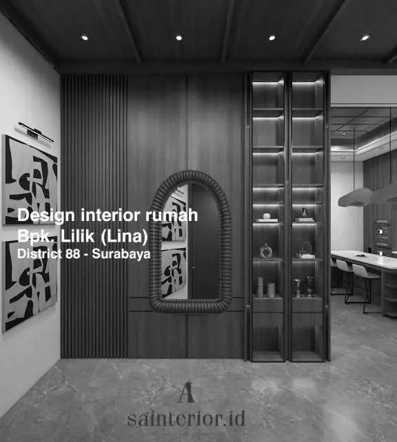 Interior kantor modern dengan panel kayu gelap dan rak display di Citraland Surabaya