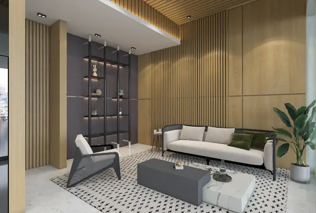 Area lounge hotel dengan dinding kisi kayu dan sofa putih