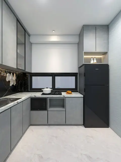Kitchen set minimalis abu-abu dengan backsplash marmer hitam