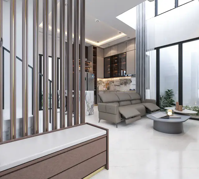 Ruang tamu minimalis modern dengan partisi kisi kayu dan sofa recliner